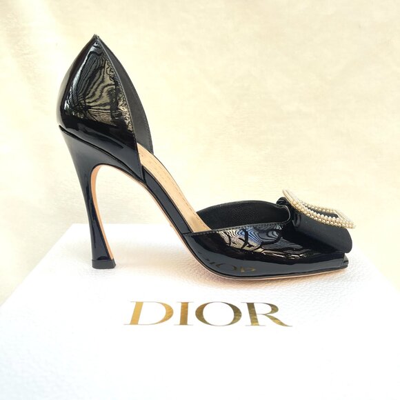 NIB Auc Dior Dior Idylle patent calfskin white resin pearls Bow Peep Toe heels - Picture 12 of 14